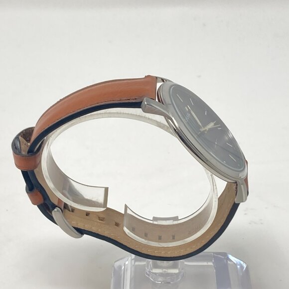 Fossil Minimalist Watch Men MISSING CROWN 44mm Silver Tone Blue Dial Leather - Picture 10 of 16